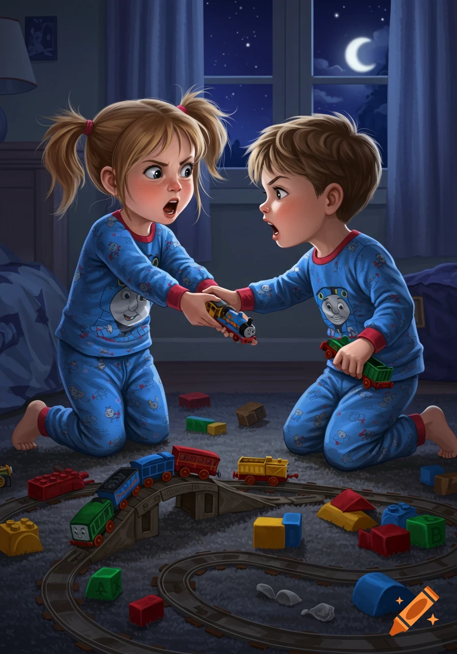 Two young kids in blue pajamas fighting over a toy train on a carpeted floor at night, surrounded by other toy trains and blocks.