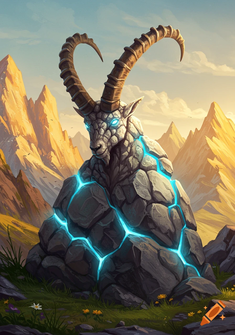 A majestic rock mountain goat with glowing blue cracks stands in a sunny mountain landscape under a partly cloudy sky.