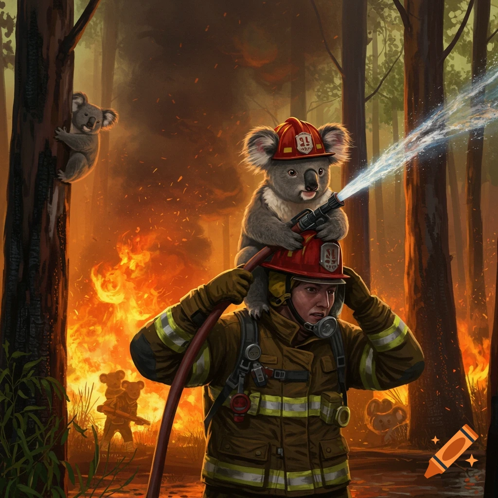 A koala in a firefighter helmet sits on a human firefighter's shoulders, spraying water from a hose into a burning forest. Another koala climbs a tree, and two smaller koalas are in the fiery background.