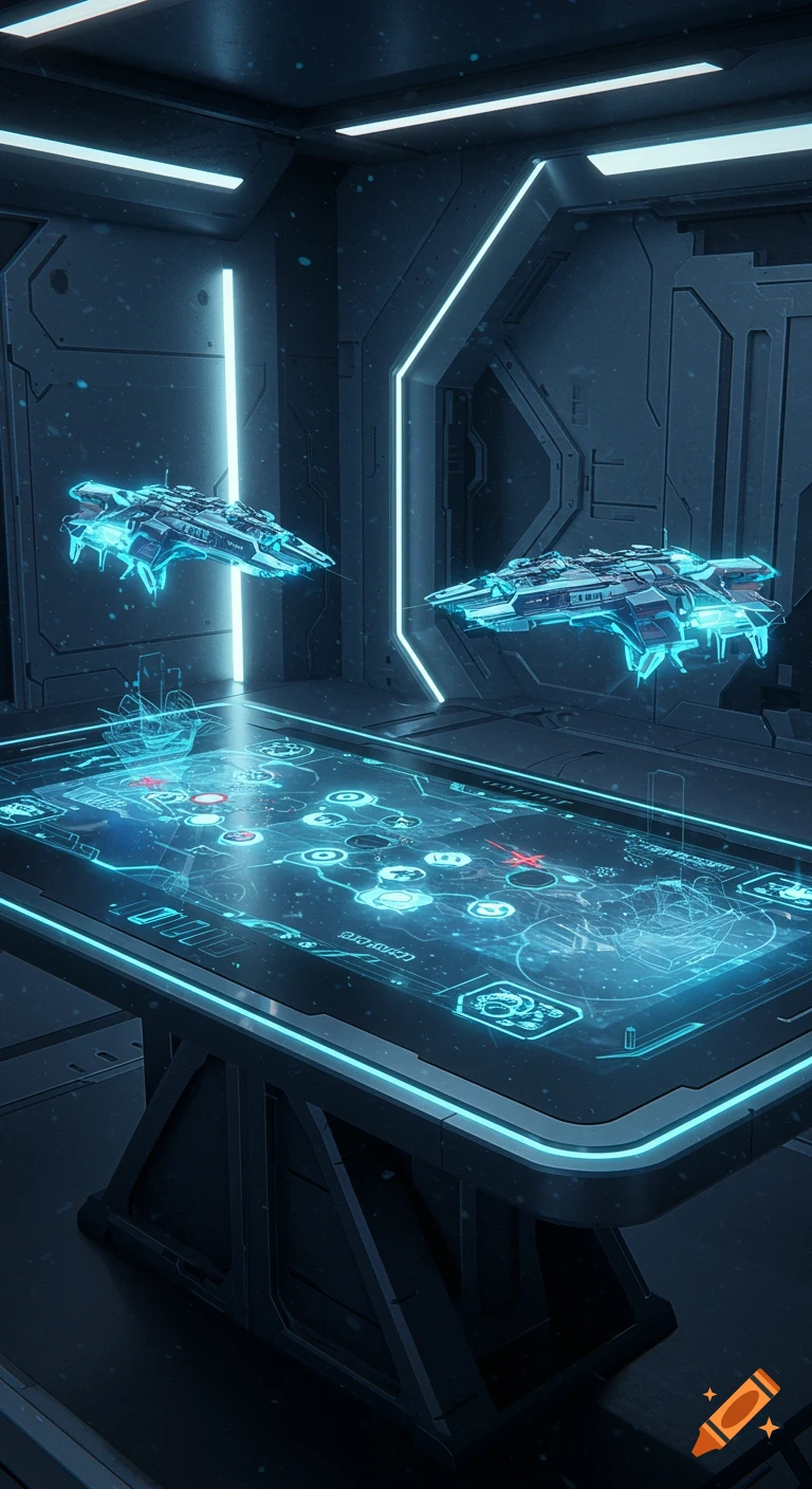 Two futuristic spaceships hover above a glowing holographic battle map in a dark, high-tech control room.