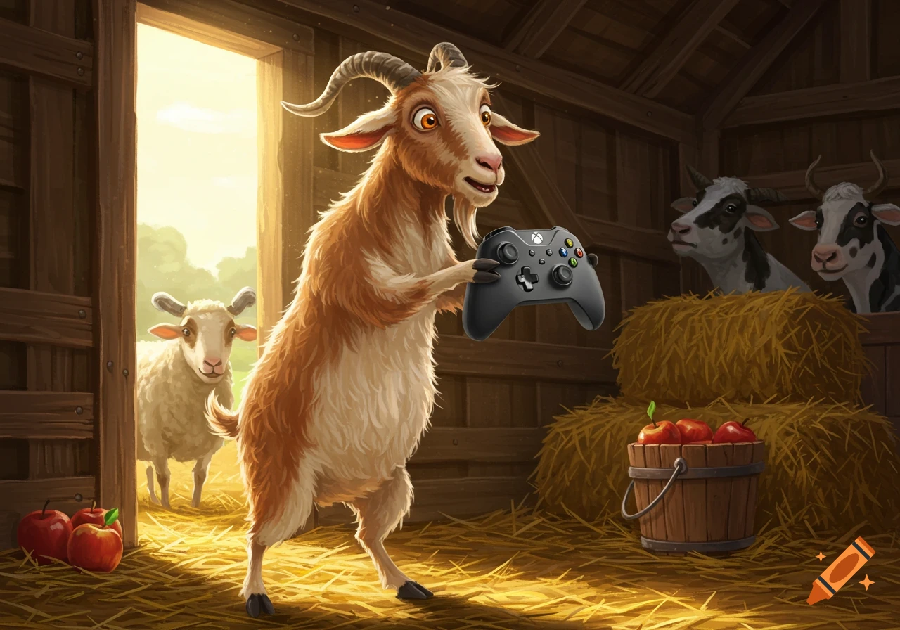 A cartoon goat stands in a barn holding an Xbox controller, with a sheep and two cows looking on.