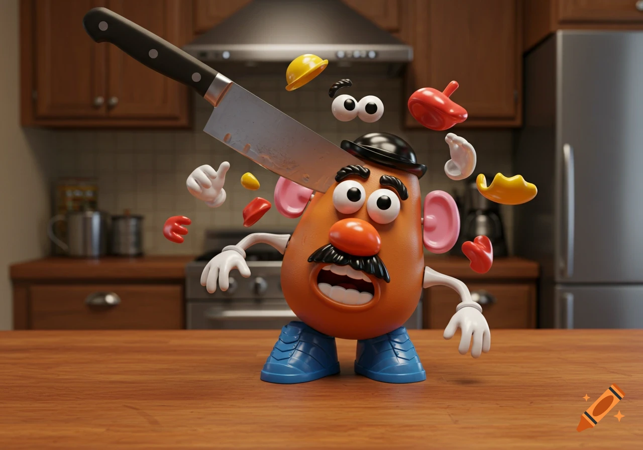 A 3D render of Mr. Potato Head getting his parts exploded outwards by a chef's knife in a kitchen.