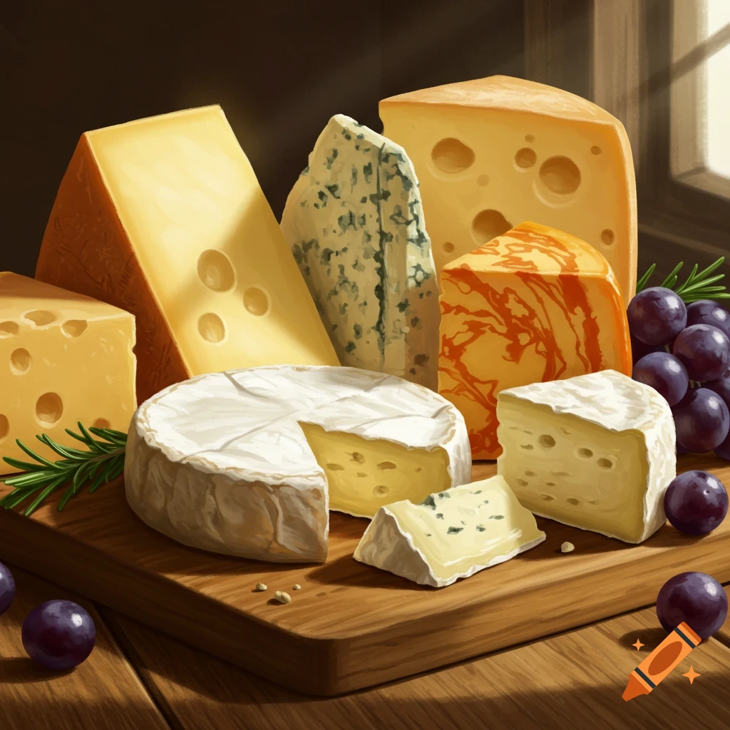 A still life of various cheeses, including Swiss, blue, and brie, with a bunch of purple grapes on a wooden board.