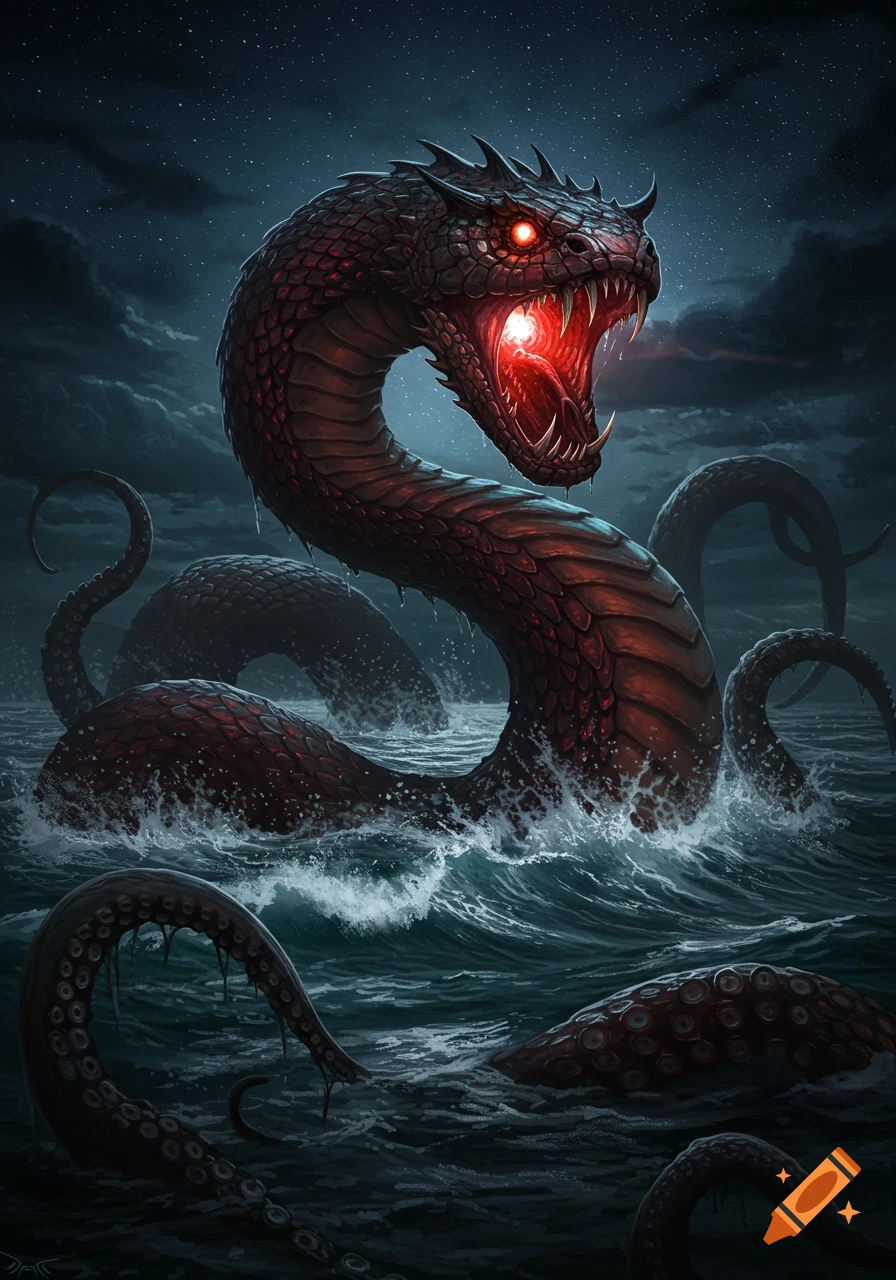 A colossal, dark red serpent-like sea monster with glowing eyes and mouth emerges from a stormy night ocean, with tentacles visible.