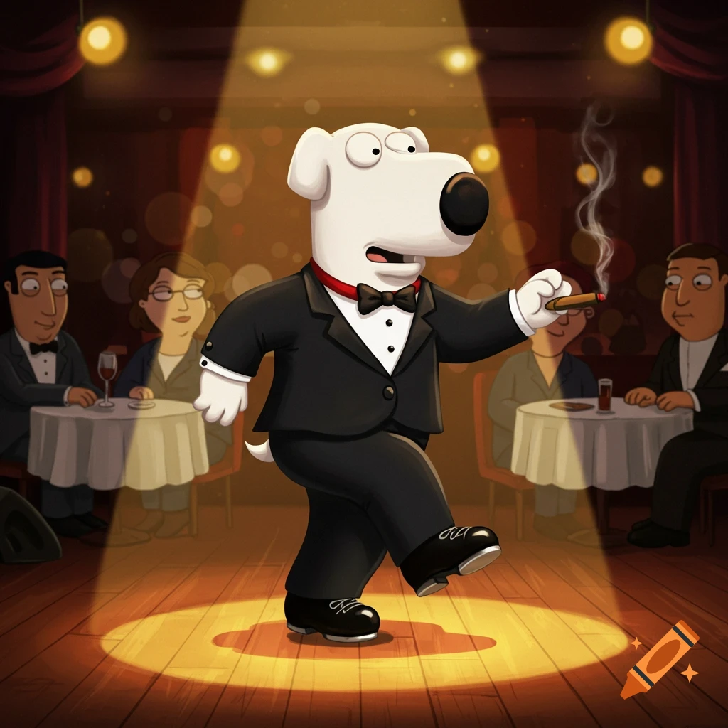 Brian Griffin from Family Guy, wearing a tuxedo and tap shoes, tap dancing on stage in a spotlight, smoking a cigar, in a cartoon style.