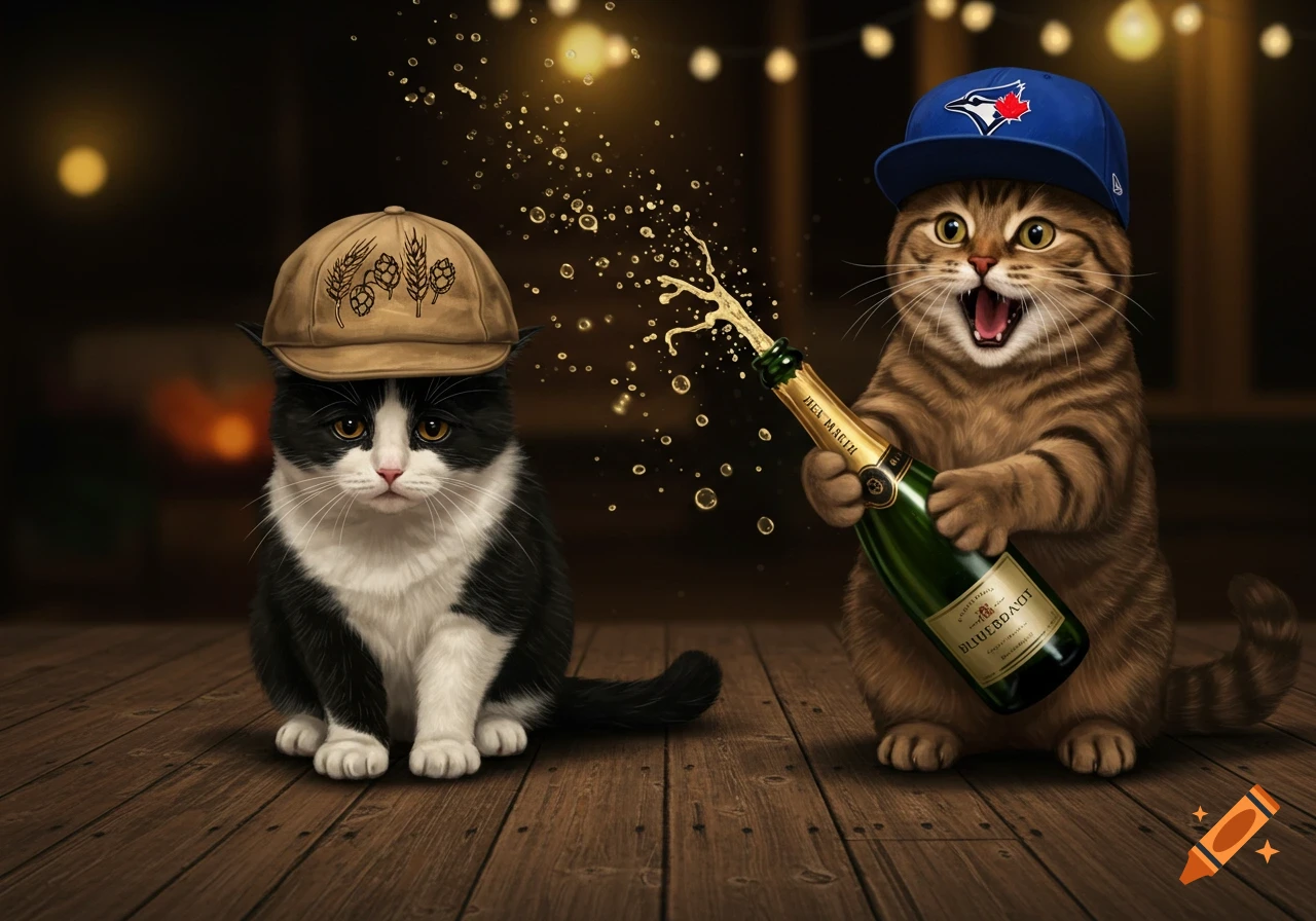 A sad black and white cat in a brewers hat next to a happy brown cat in a Blue Jays hat popping a champagne bottle.