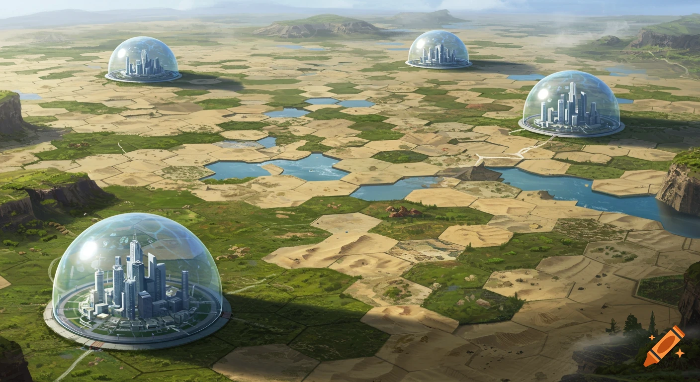 A high-angle view of a futuristic landscape with hexagonal terrain, a river, and four domed cities.