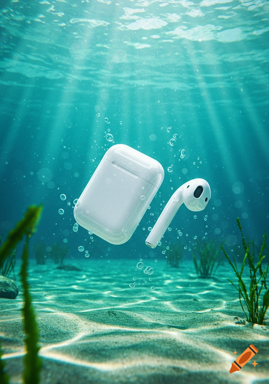 White AirPods case and a single earbud float in clear blue-green ocean water with bubbles and sunlight, above a sandy bottom with seaweed.