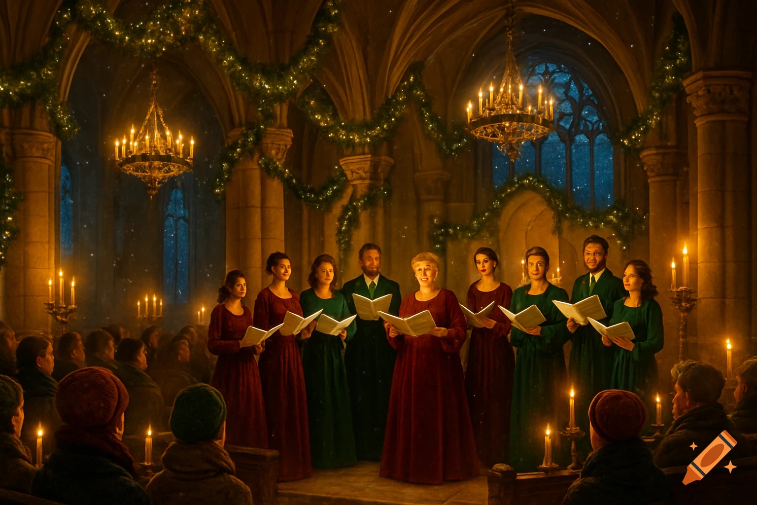 A choir sings from songbooks in a grand, candlelit church decorated with Christmas garlands and sparkling lights, with an audience facing away.