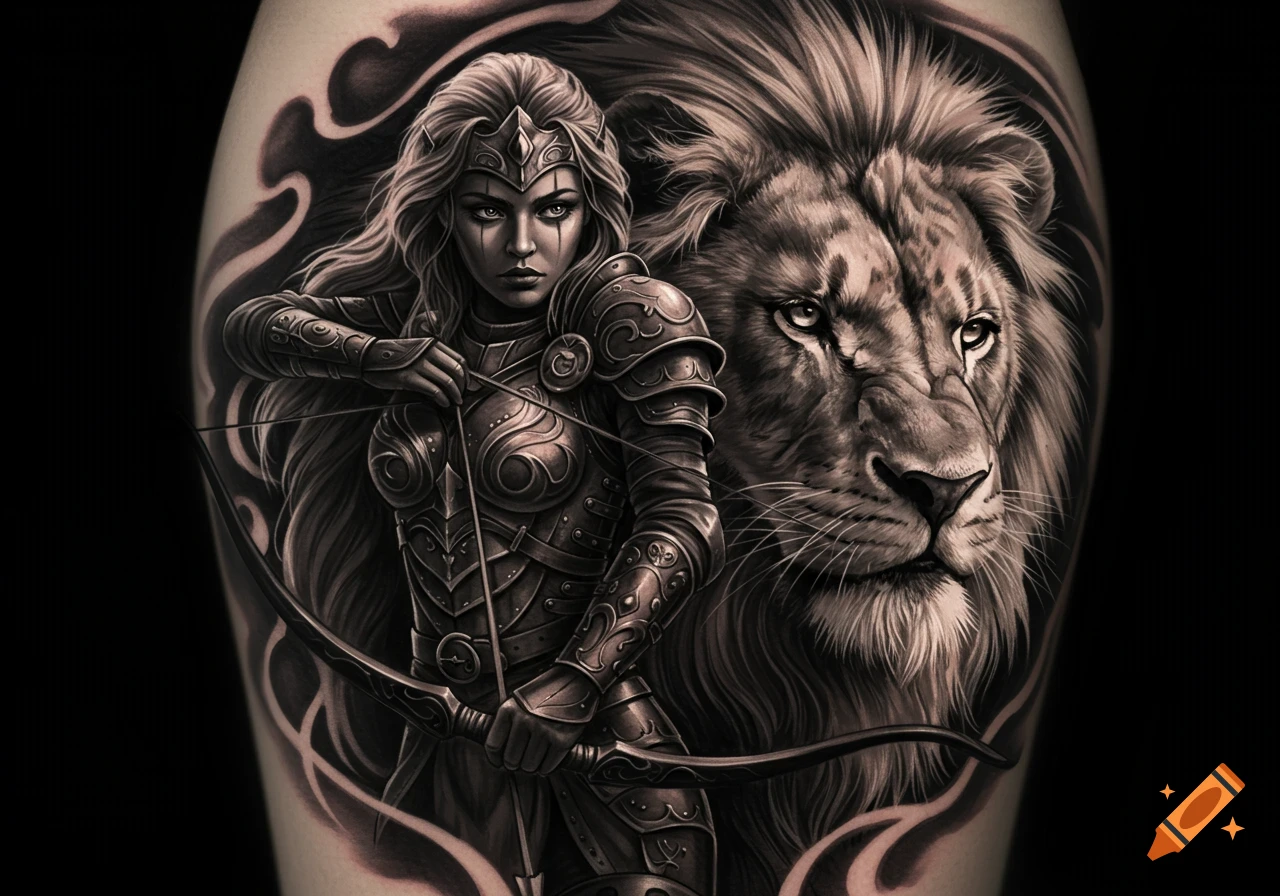 Black-and-gray realism tattoo of a fierce female warrior with a bow and arrow, with a lion's head behind her.
