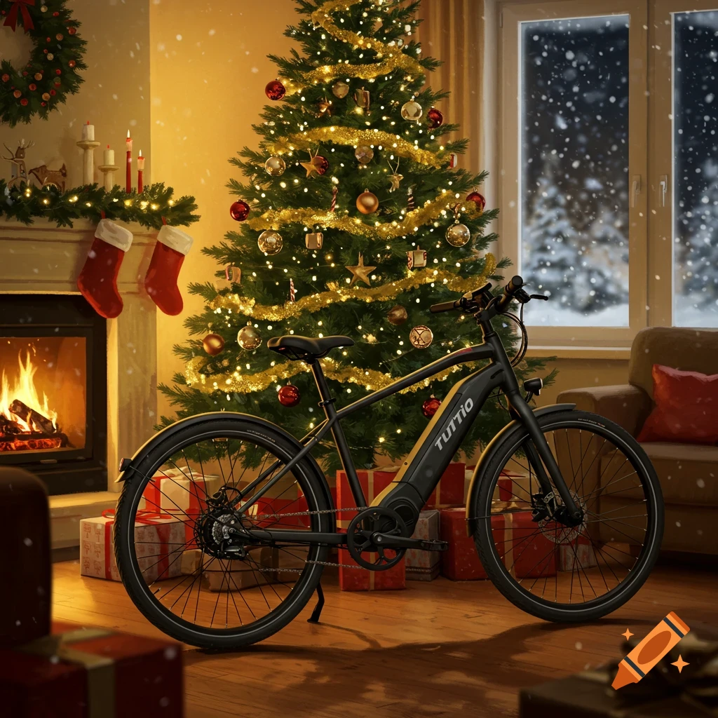A black TUTTIO e-bike sits on a wooden floor in front of a glowing Christmas tree with presents, a fireplace, and snow outside a window.