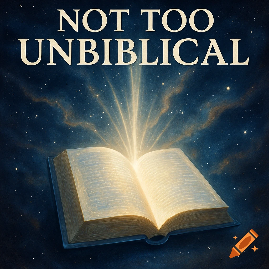 An open book glowing brightly with light, set against a dark starry sky with nebulae. The text 'NOT TOO UNBIBLICAL' is at the top.