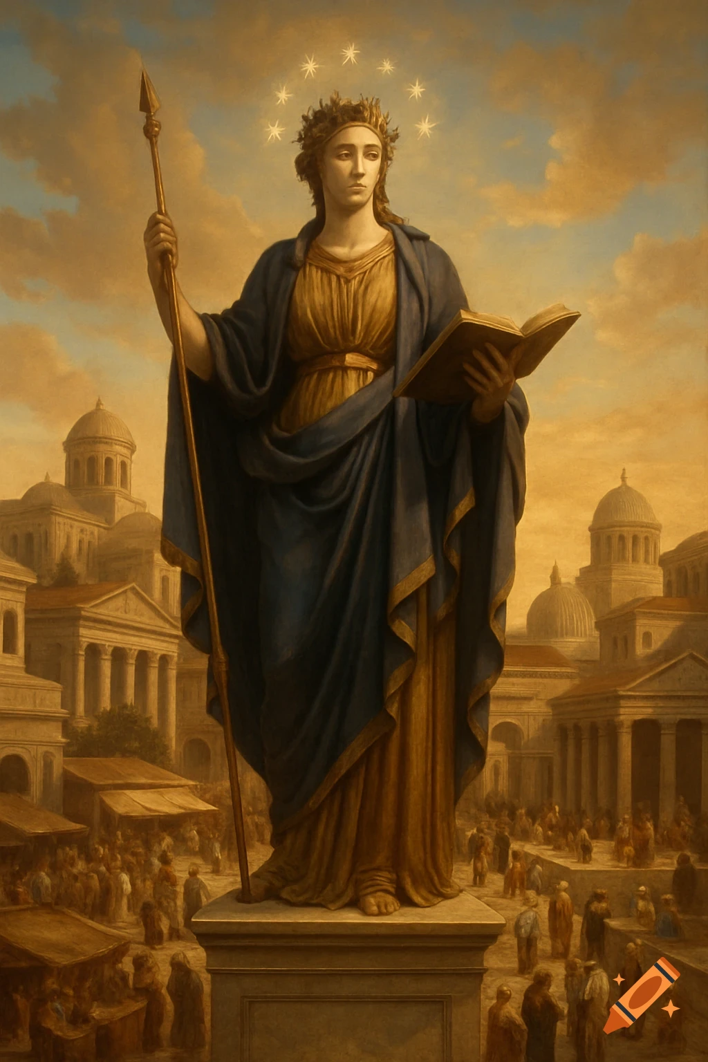 A classical-style painting of a robed female statue, crowned with stars, holding a spear and book, in an ancient city.