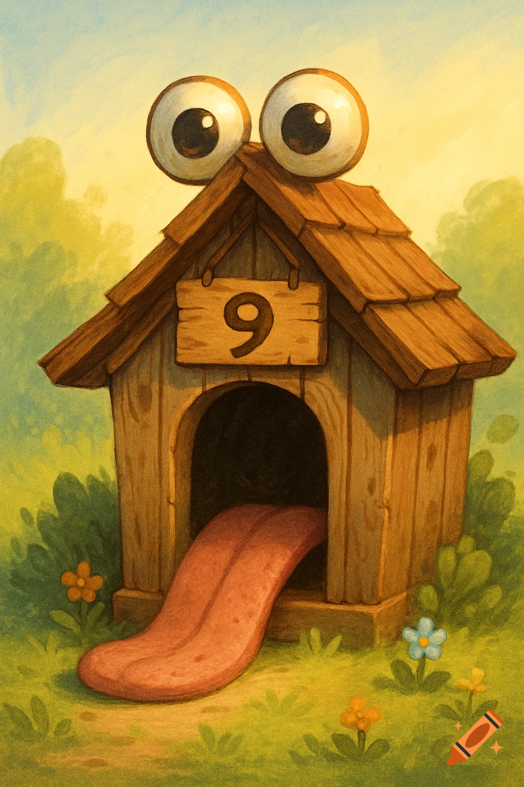A cartoon dog house with googly eyes, a long tongue, and a number 9 sign, set in a grassy yard.
