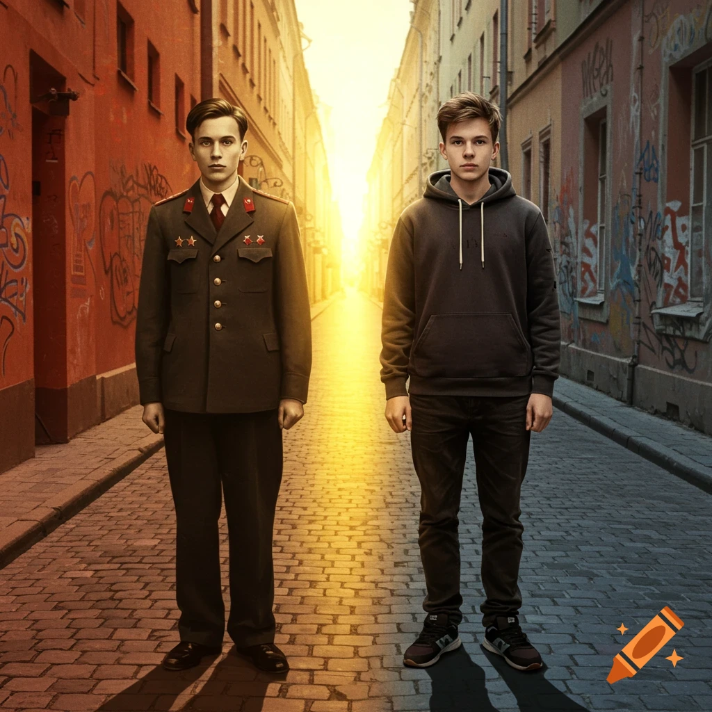 Two young men, one in a Soviet-era military uniform and one in modern casual clothes, stand on a cobbled street bathed in golden sunlight.
