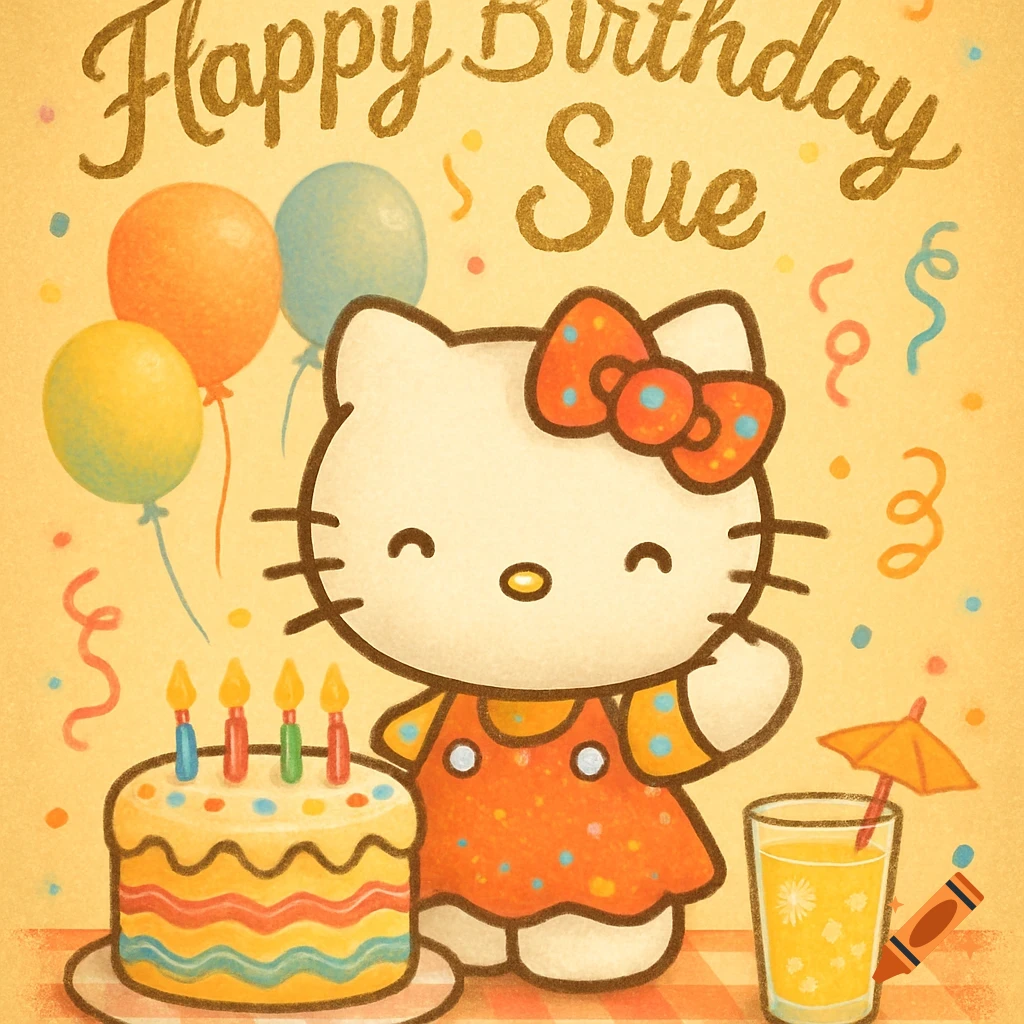 A cute Hello Kitty birthday card with a character, cake with candles, balloons, a drink, and the text 'Happy Birthday Sue'.