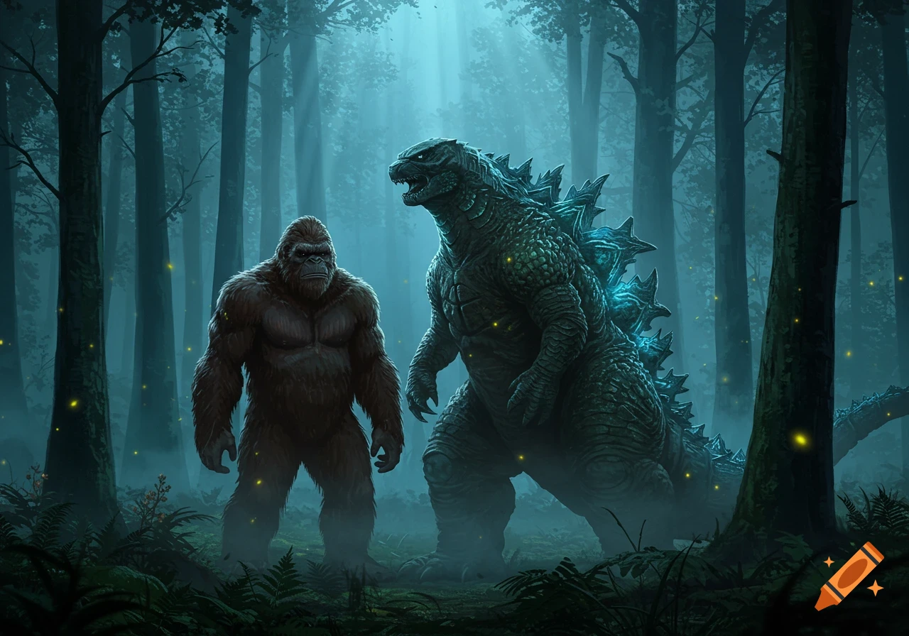 Godzilla and King Kong stand in a mystical, foggy forest with glowing fireflies.