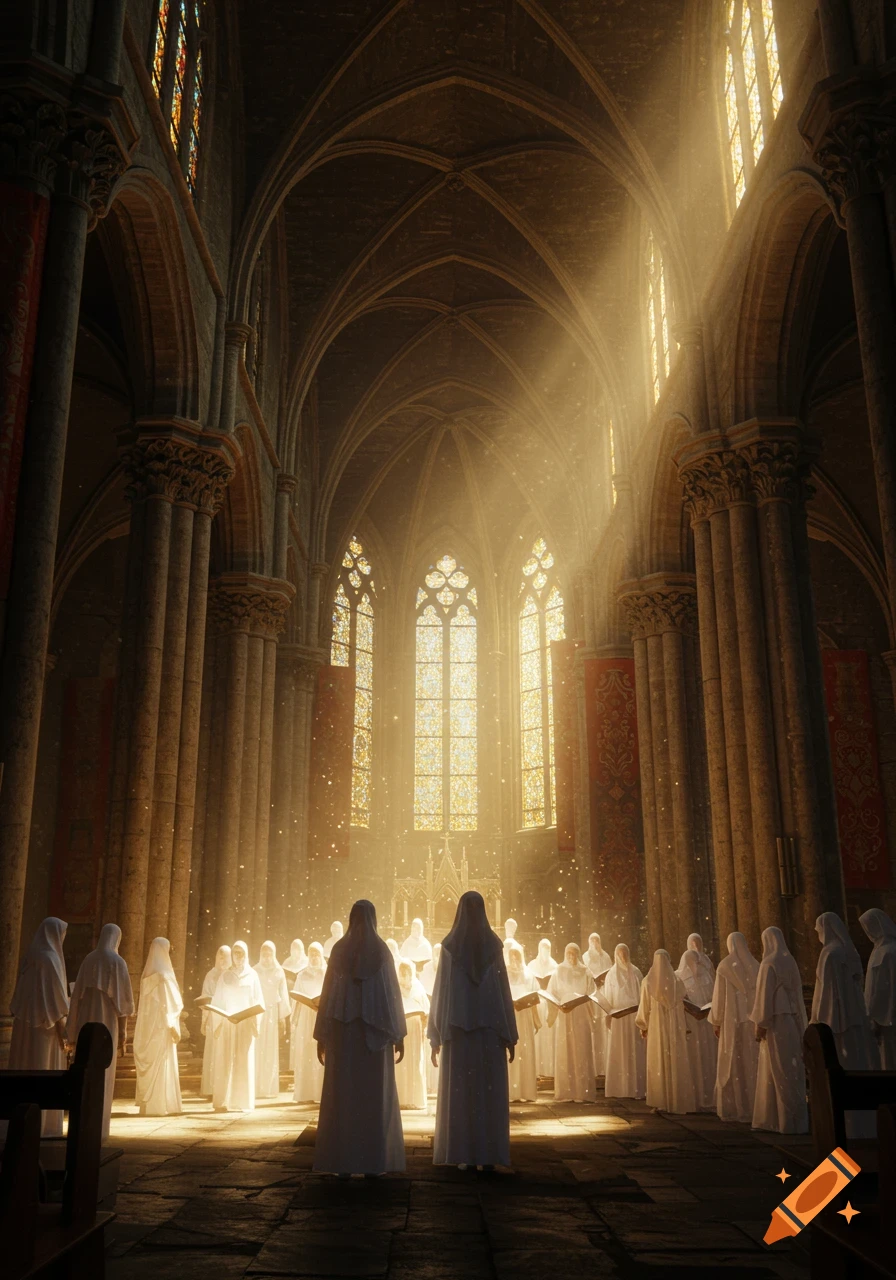 A robed choir stands in a grand, golden-lit gothic cathedral, holding books and bathed in light from stained glass windows.