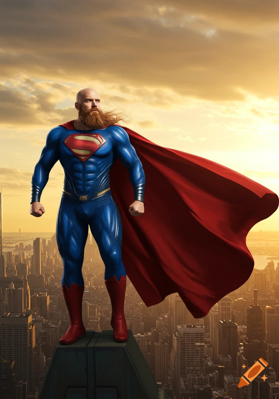 A bald, bearded man in a Superman suit and flowing red cape stands on a skyscraper, overlooking a vast city at sunset.