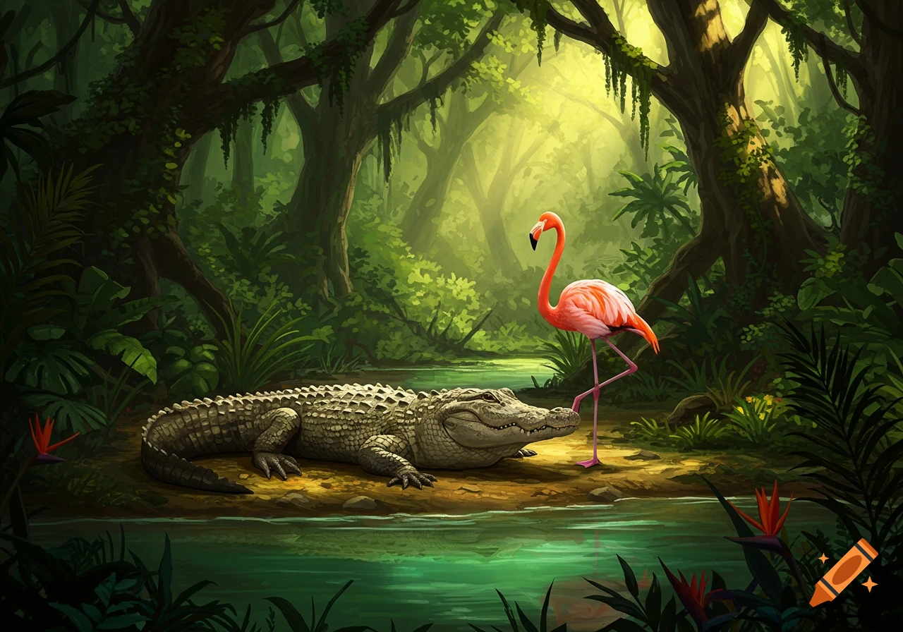 An illustration of a large alligator on a riverbank next to a pink flamingo in a vibrant, sunlit jungle.