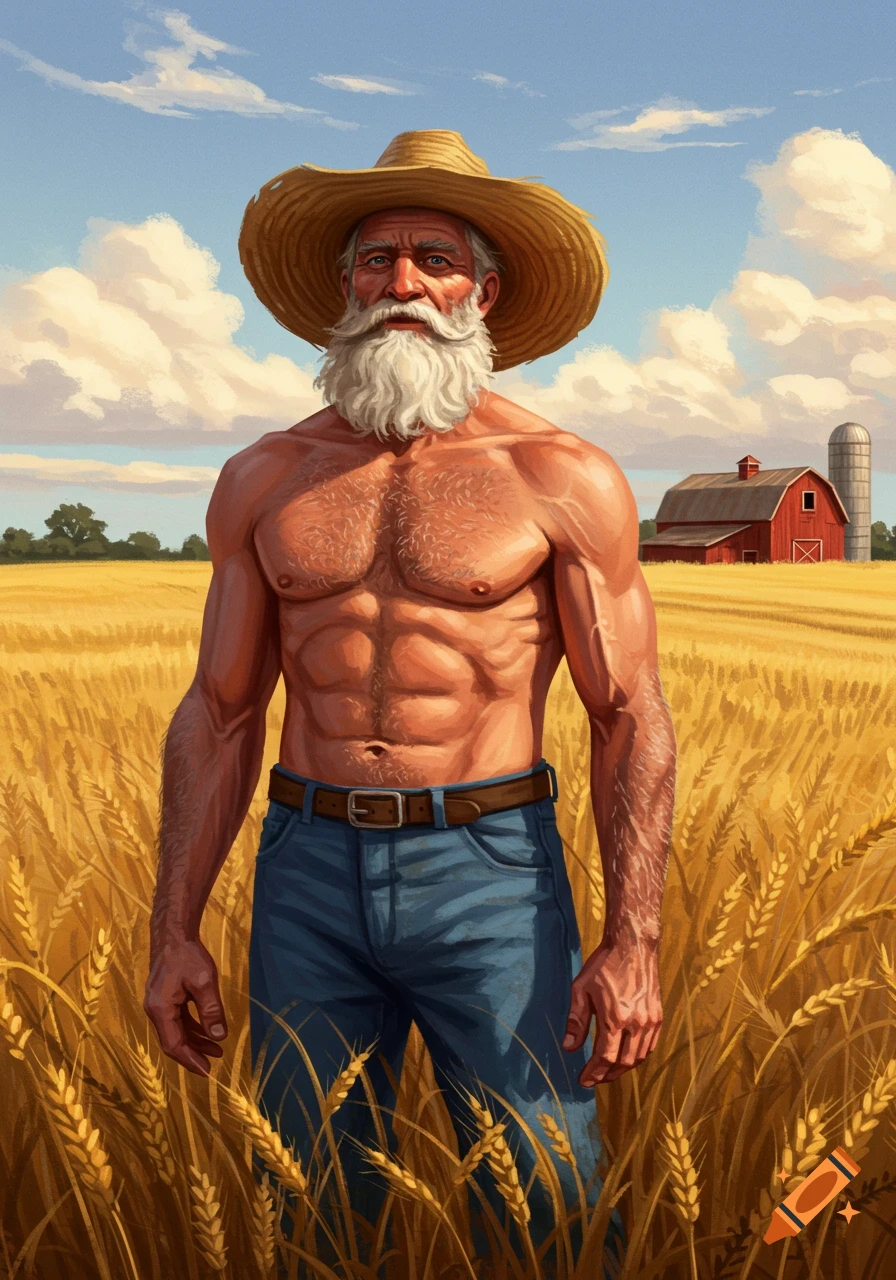 An illustrated muscular, shirtless old farmer with a white beard and straw hat stands in a golden wheat field with a red barn.