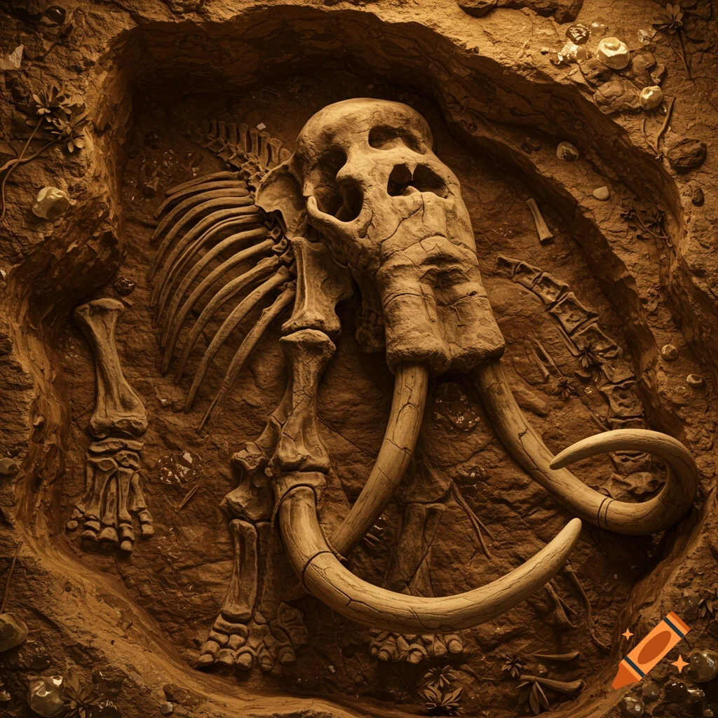 Photorealistic woolly mammoth skeleton fossil unearthed in brown rock and dirt.