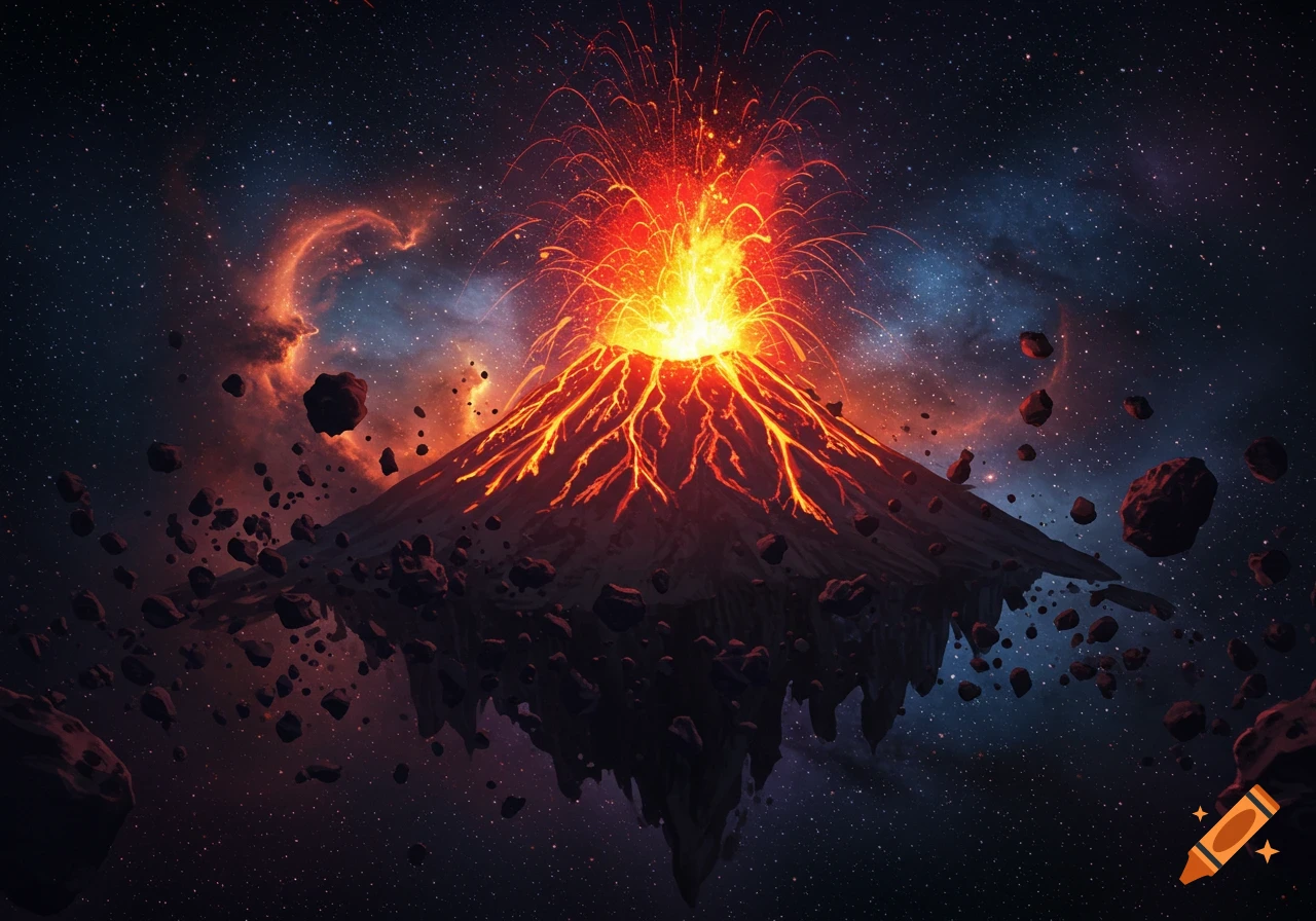 A vibrant red and orange volcano erupts intensely from a floating island, surrounded by asteroids and colorful nebulae in deep space.
