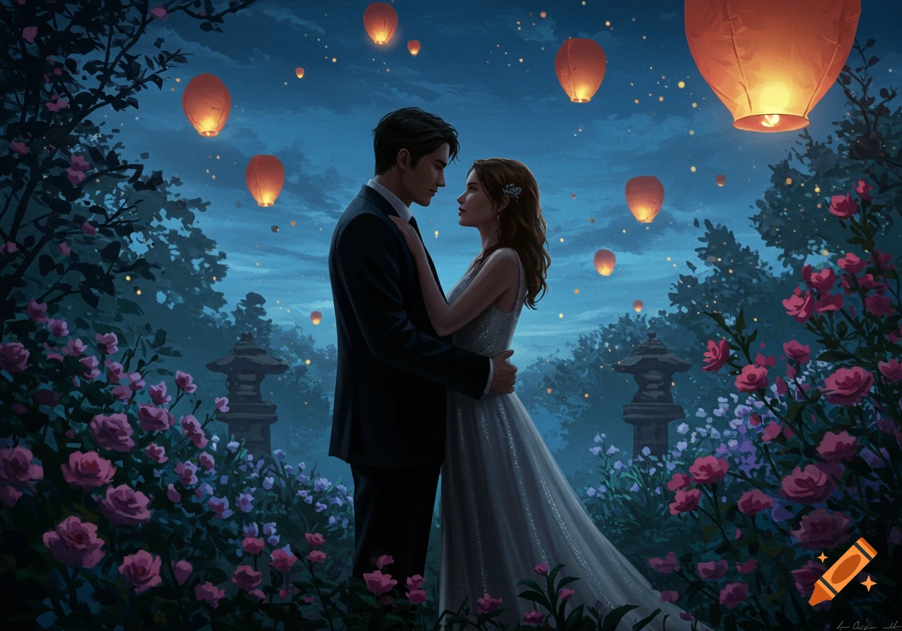A romantic digital painting of a couple embracing in a moonlit garden with glowing sky lanterns, surrounded by roses.