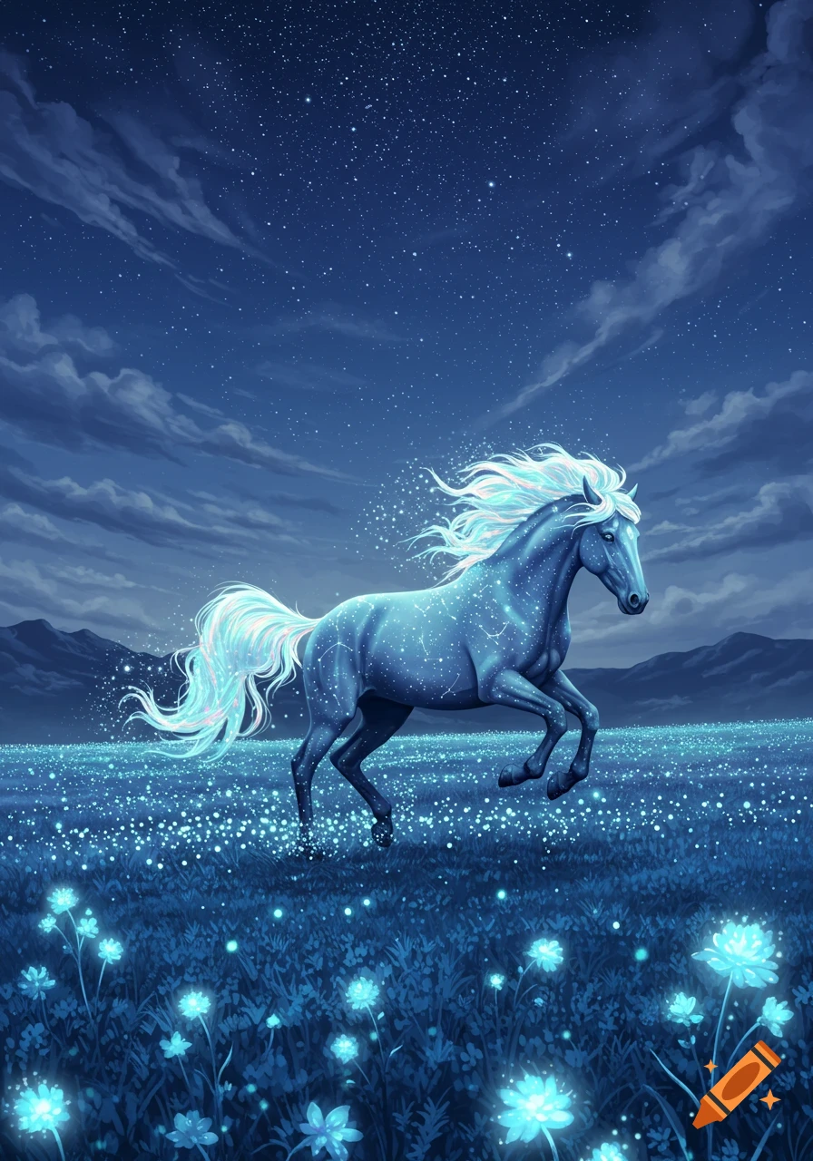 A magical blue horse with a glowing mane and tail gallops through a field of glowing blue flowers under a starry night sky.
