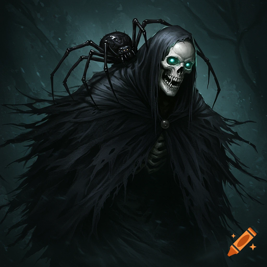 A skeletal monster with glowing green eyes, wearing a tattered black cape, has a large black spider on its shoulder in a dark setting.