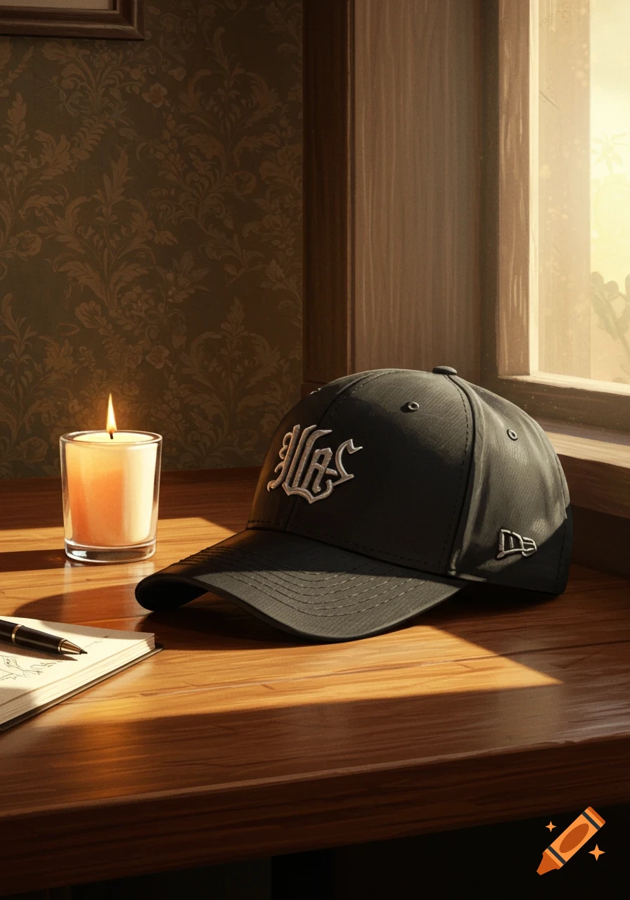 A black baseball cap with an embroidered logo on a wooden table, beside a lit candle and a notebook, illuminated by window light.