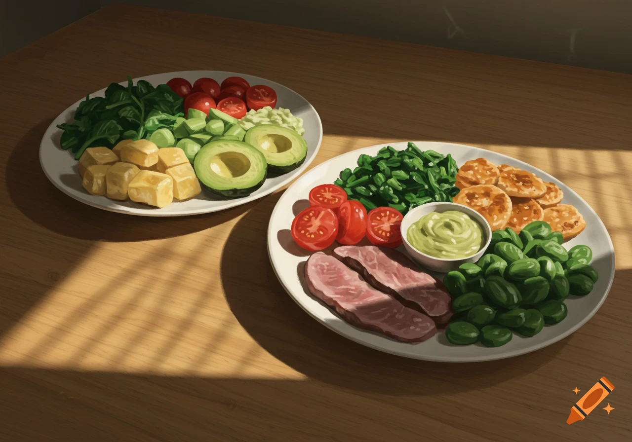Two stylized plates of healthy food featuring vegetables, meat, and a dip on a sunlit wooden table.
