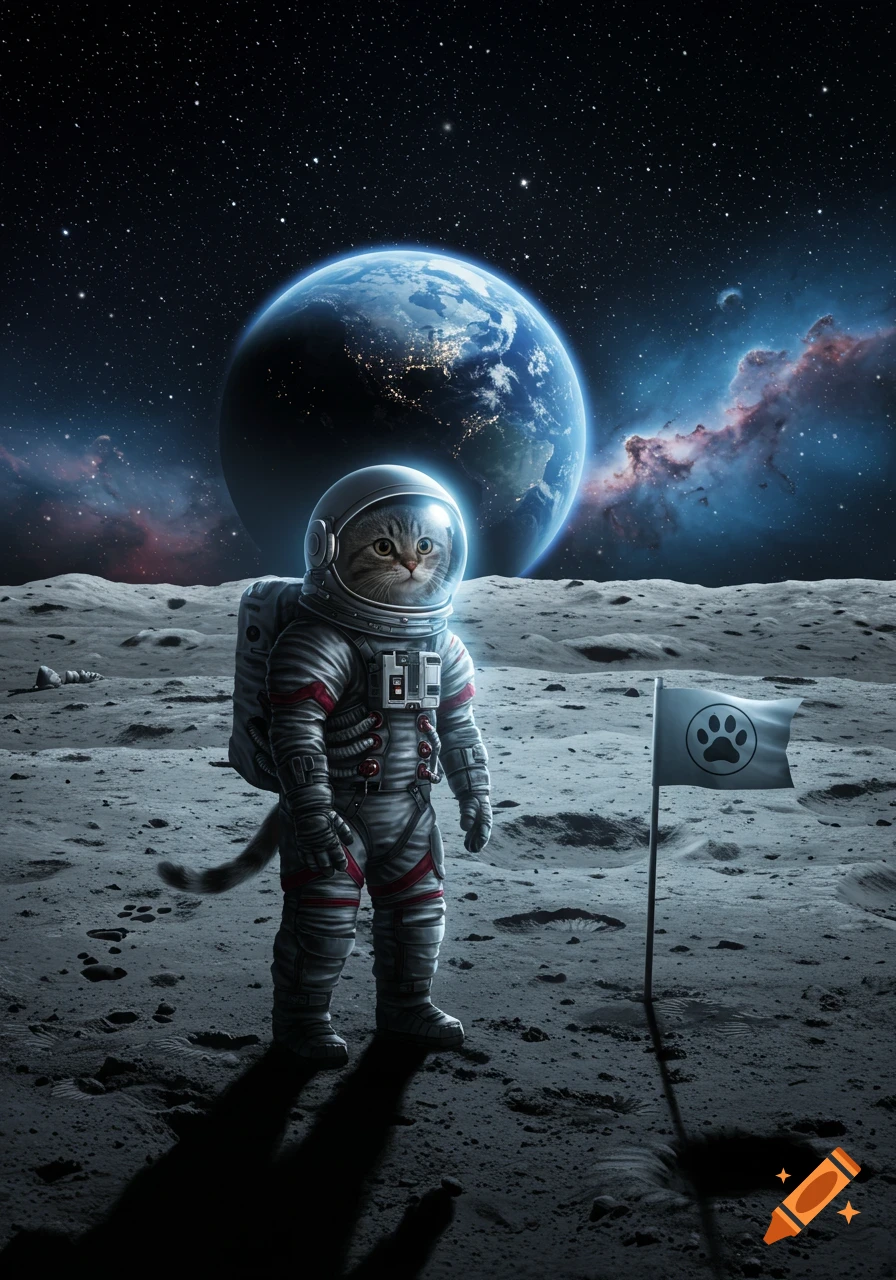A cat in an astronaut suit stands on the moon, looking at the viewer. Earth and a nebula are in the starry background. A flag with a paw print is planted nearby.