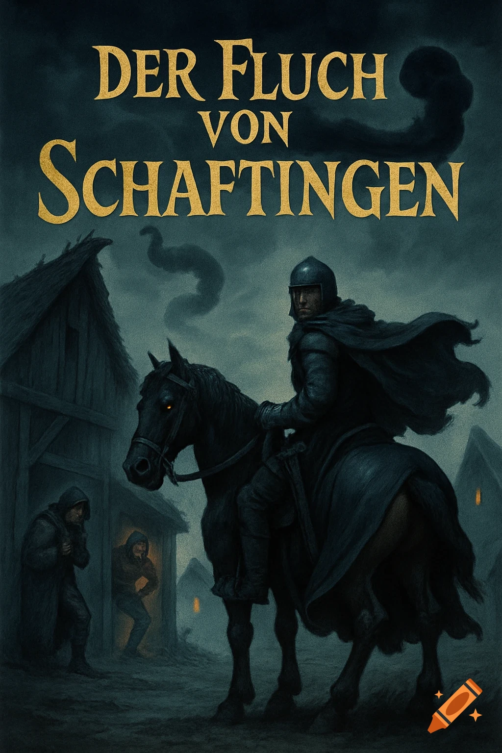 A grim knight on a black horse in a dark, misty medieval village at dusk, with the golden title 'Der Fluch von Schaftingen' overhead.