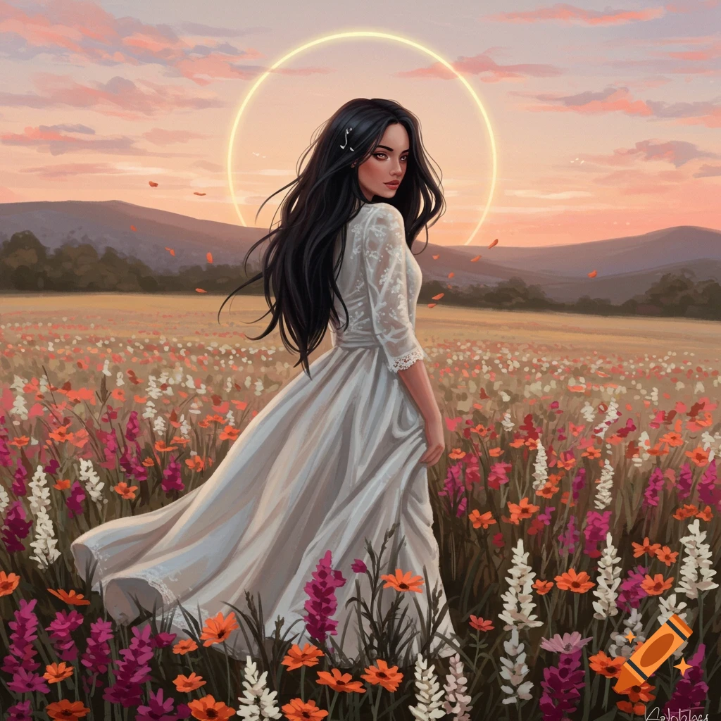 A woman with long dark hair in a white dress stands in a vibrant wildflower field at sunset, a golden halo behind her head in an illustration style.