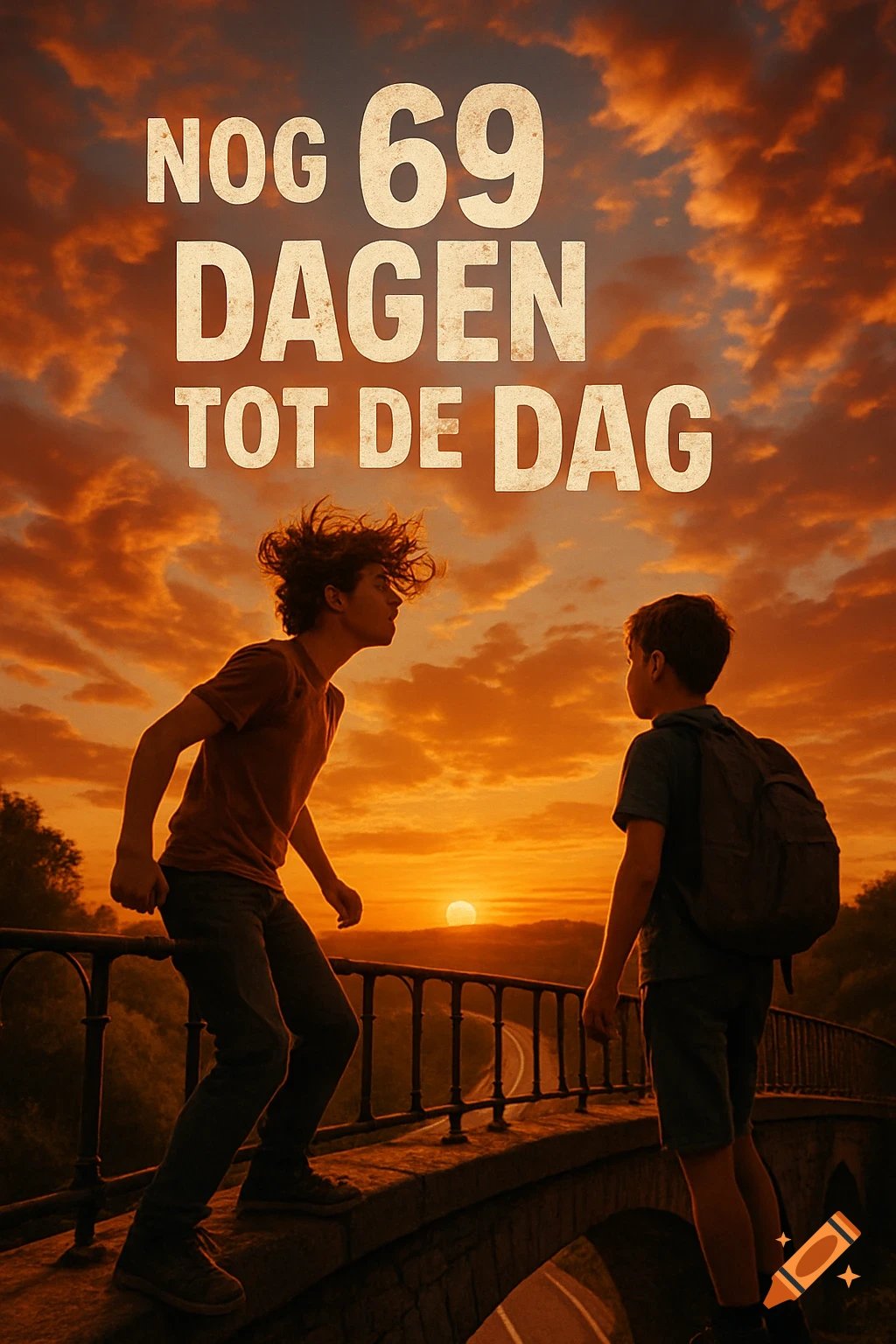 Two boys stand on a bridge at sunset over a road, with 'NOG 69 DAGEN TOT DE DAG' text at the top.