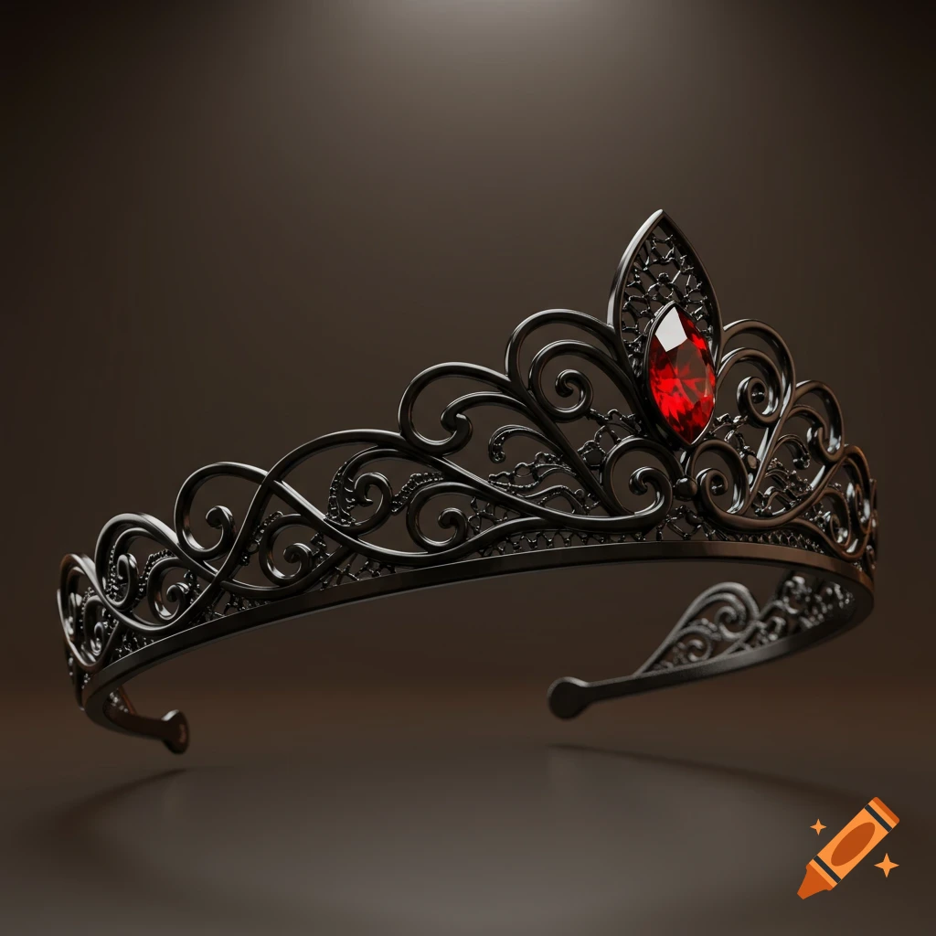 A close-up, photorealistic render of an ornate black tiara with intricate filigree details and a prominent red ruby.