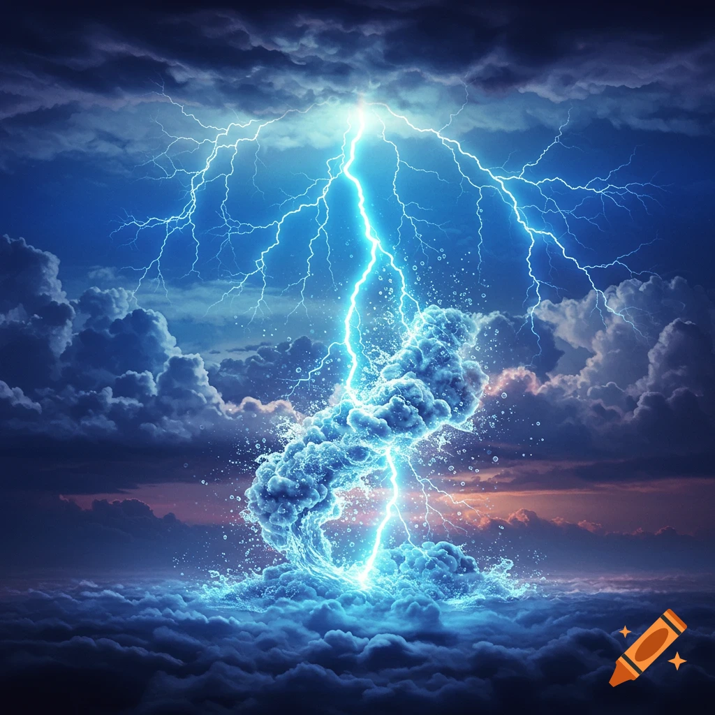 Bright blue lightning strikes through dark clouds, illuminating a swirling, abstract structure of water and mist over a cloudscape.