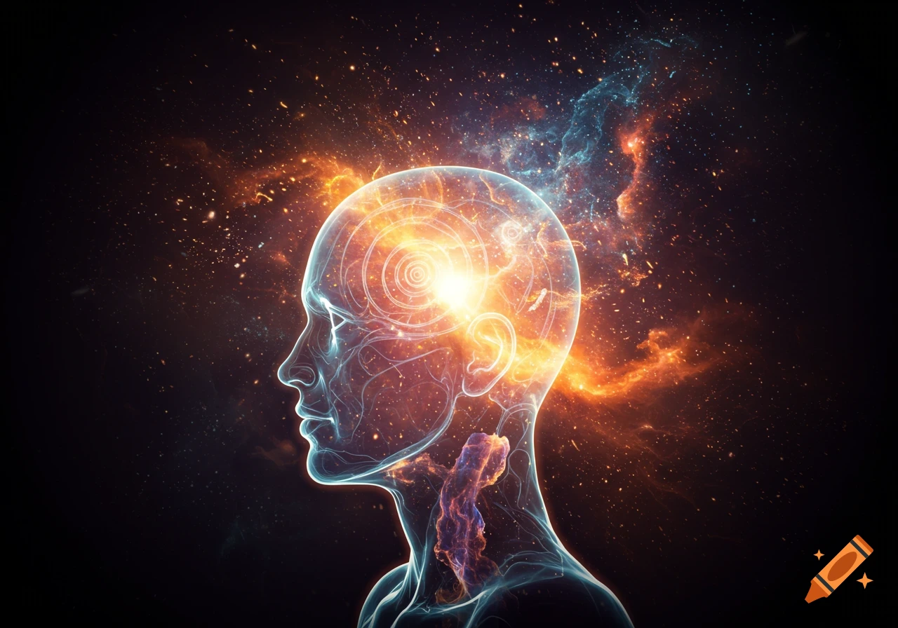 A glowing, translucent human head with a luminous brain, surrounded by a cosmic backdrop of stars and nebulae.