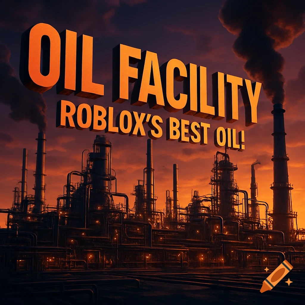 A stylized oil facility at sunset with large orange text that reads "OIL FACILITY ROBLOX'S BEST OIL!" above it.