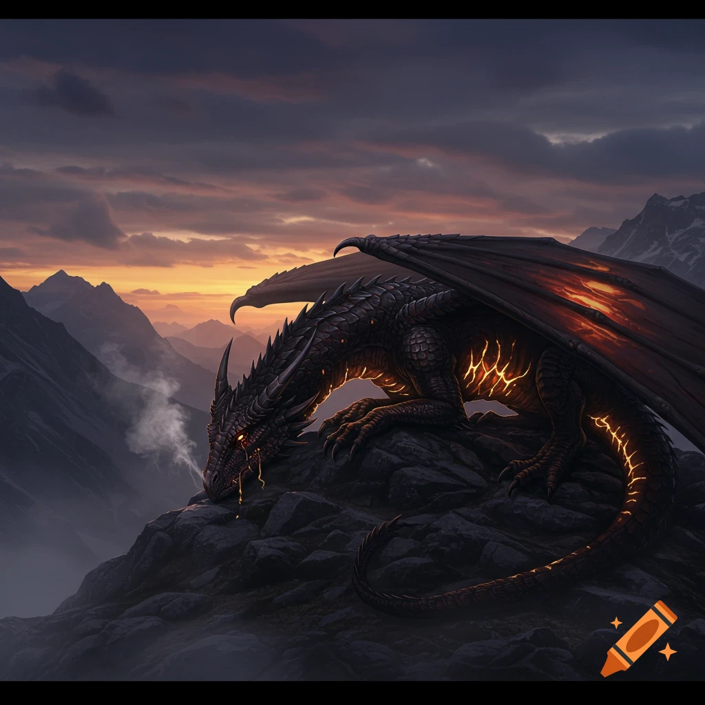 Dark, glowing dragon on a rocky mountain peak at sunset, with smoke from its nostrils, fantasy art style.