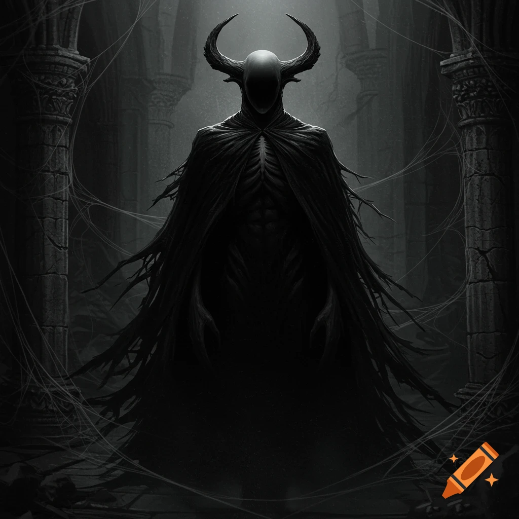 A shadowy, horned demon in a tattered cape stands in dark, cobwebbed gothic ruins, its face featureless.
