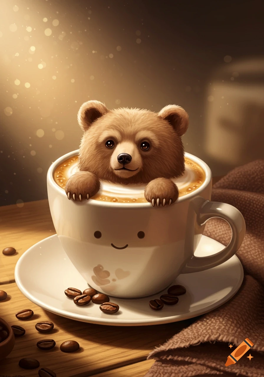 A cute brown bear cub with fuzzy fur peeks out of a white coffee cup, its paws resting on the rim, on a wooden table with scattered coffee beans.