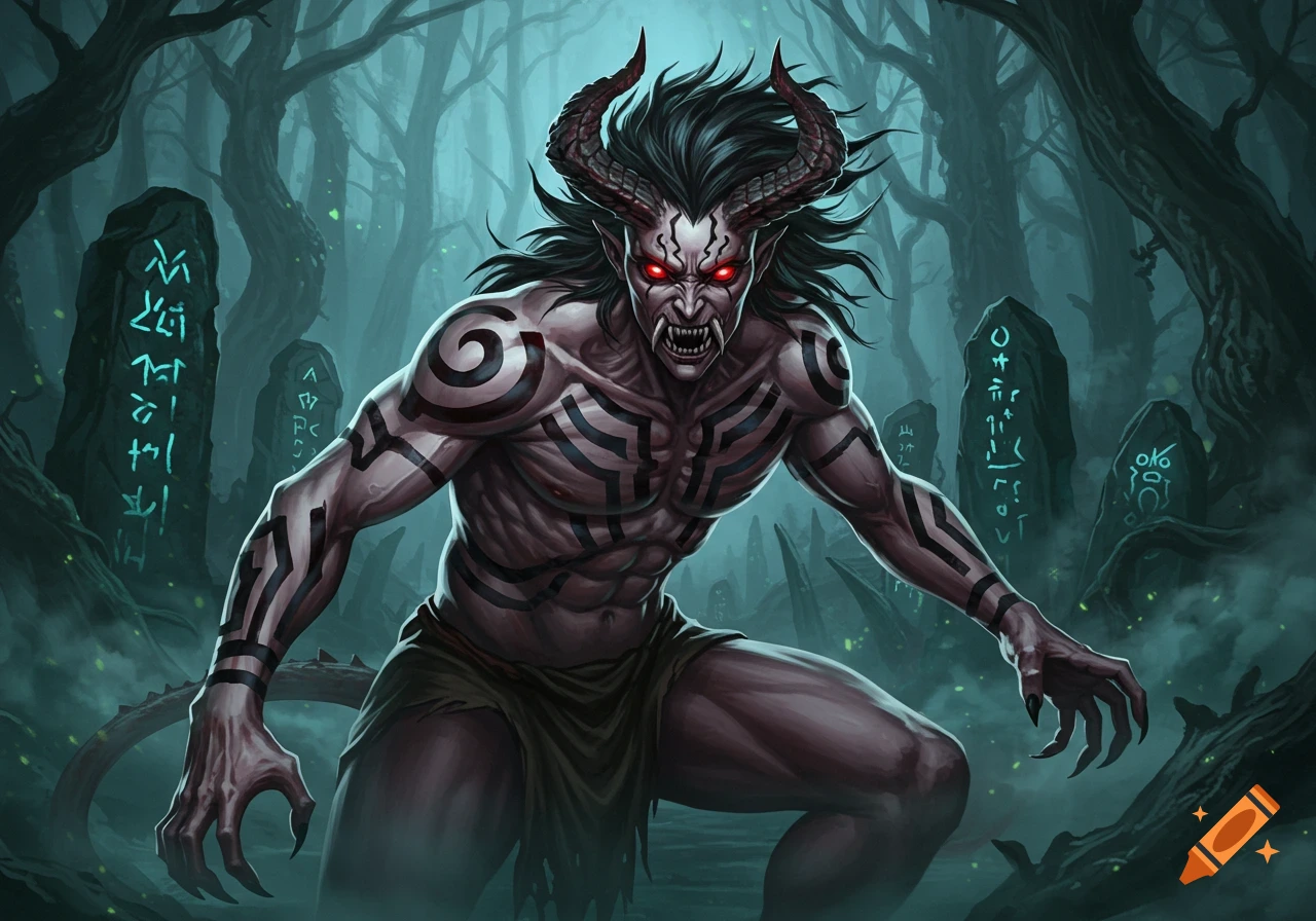 A fierce, horned demon with glowing red eyes and tribal markings stands in a dark, misty forest among runic stones.