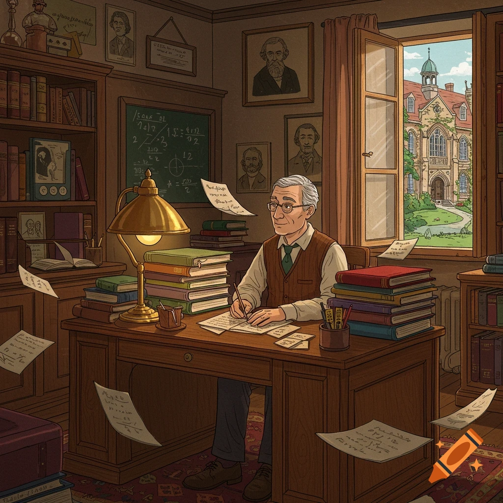 An elderly man wearing glasses and a vest writes at a wooden desk in a study filled with books and papers, with a lamp and a window looking out onto a grand building.