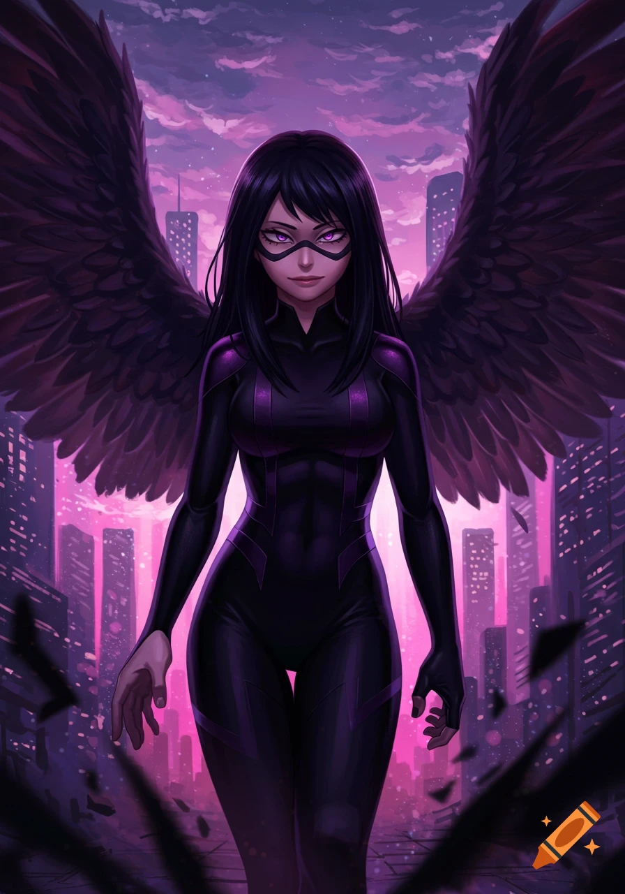 A winged superhero woman with black hair and purple eyes in a black and purple suit stands against a futuristic city skyline at sunset, comic art style.