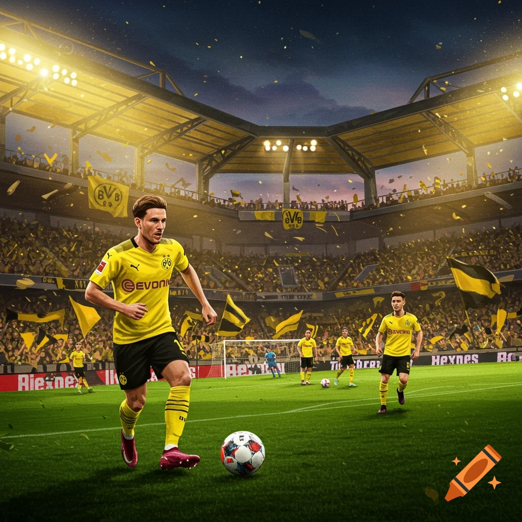 A vibrant illustration of a football player in a yellow jersey dribbling a ball on a green pitch in a crowded stadium with bright lights and confetti.