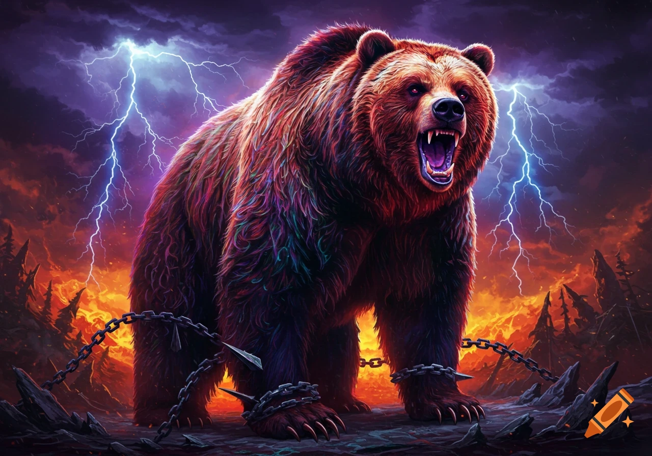 A roaring, chained grizzly bear in a stormy, fiery landscape with lightning, in a dark fantasy, heavy metal art style.