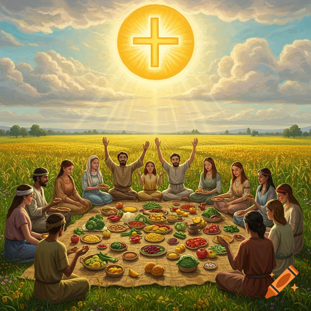 A diverse group shares a bountiful meal in a golden field under a sun with a glowing cross.