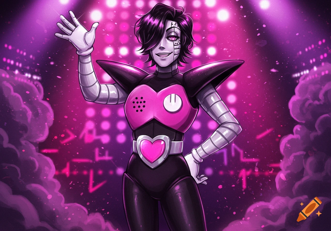 Mettaton from Undertale, a robot with a pink chest plate, black suit, and metal arms, waves on a bright pink stage.